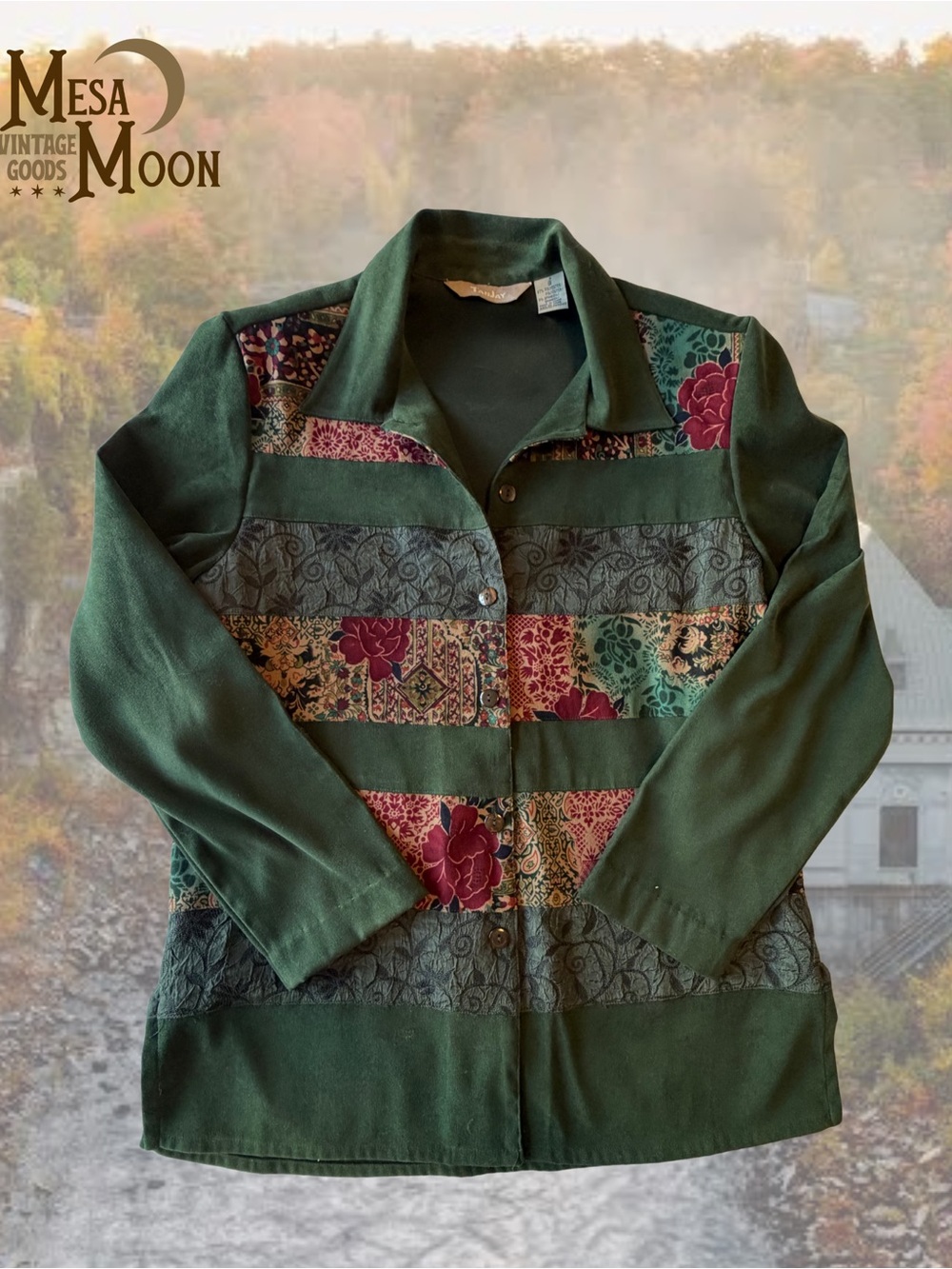 Vintage Autumnal Boho Green Patchwork Button-Front Jacket
